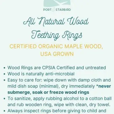 Certified organic maple wood teething rings, CPSIA certified, naturally anti-microbial, care and safety instructions.
