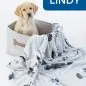 Yellow Labrador puppy in a treat basket with a cozy dog-themed blanket, labeled LINDY.