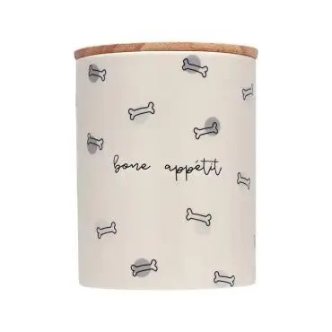Dog treat jar with bone appétit text, bone pattern, and wooden lid. Ideal for pet snacks storage.