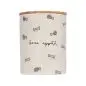 Dog treat jar with bone appétit text, bone pattern, and wooden lid. Ideal for pet snacks storage.