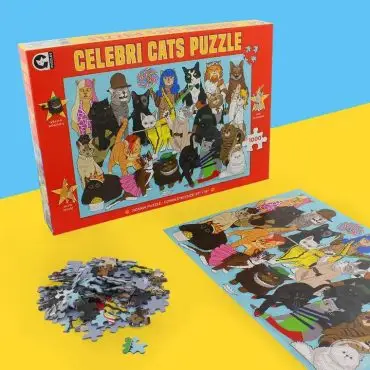 Celebri Cats Puzzle with cat illustrations, 1000 pieces, box and partially completed jigsaw on colorful background.
