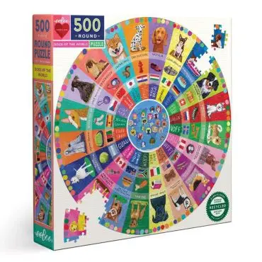 Round 500-piece puzzle featuring various dog breeds and countries, titled Dogs of the World by eeBoo.