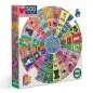 Round 500-piece puzzle featuring various dog breeds and countries, titled Dogs of the World by eeBoo.