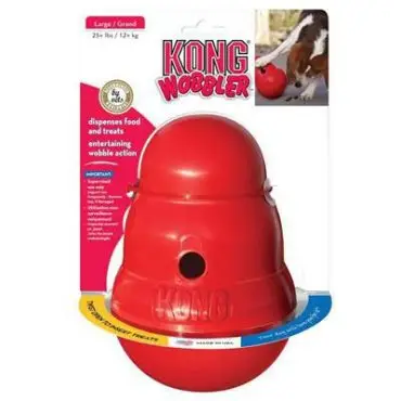 Red KONG Wobbler dog toy in packaging, designed for food dispensing and interactive play, large size.