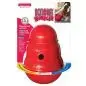 Red KONG Wobbler dog toy in packaging, designed for food dispensing and interactive play, large size.