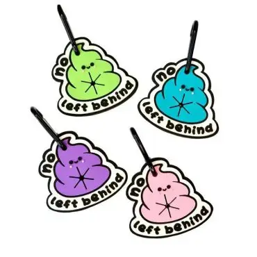 Colorful poop emoji keychains with fun text accents in green, blue, purple, and pink.