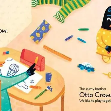 Illustration of Piper Crow drawing and Otto Crow playing, with colorful pencils and toys around them.