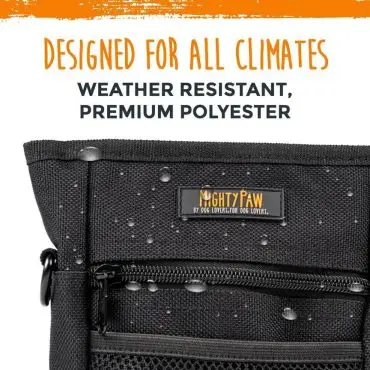 Weather-resistant Mighty Paw pouch designed for all climates; premium polyester with water droplets visible.