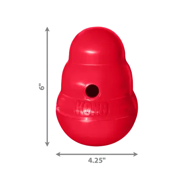 Red KONG dog toy with hole and dimensions 4.25 inches wide, ideal for pet play and mental stimulation.
