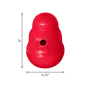 Red KONG dog toy with hole and dimensions 4.25 inches wide, ideal for pet play and mental stimulation.