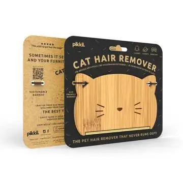 Bamboo cat hair remover packaging by Pikki. Eco-friendly pet grooming tool with a cute cat face design.