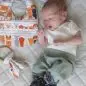 Sleeping baby with animal-patterned bib and toy on quilted mat.