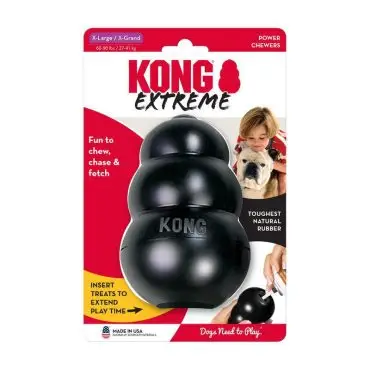 KONG Extreme dog toy packaging, black rubber for power chewers, fun to chew and fetch, made in USA.