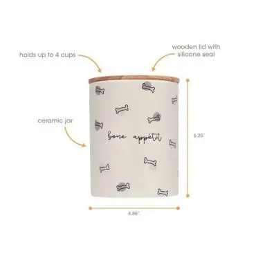 Ceramic dog treat jar with bone design, wooden lid, silicone seal, holds 4 cups, 6.25 tall, 4.88 wide.