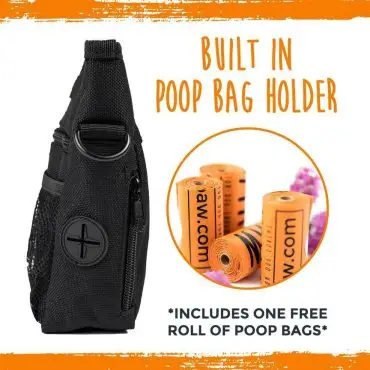 Black dog treat pouch with built-in poop bag holder and included orange poop bags. Perfect for walks and training.
