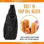 Black dog treat pouch with built-in poop bag holder and included orange poop bags. Perfect for walks and training.
