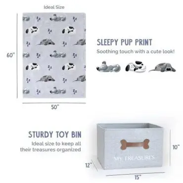 Grey blanket with sleepy pup print, 60x50 inches, and sturdy toy bin, 12x15x10 inches, for organizing treasures.