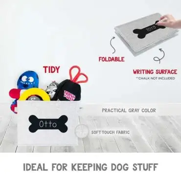 Foldable gray dog toy storage box with writing surface, soft fabric, and toys inside. Perfect for organization.