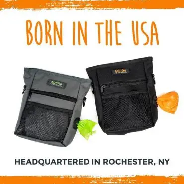Two Mighty Paw pouches with waste bags, text Born in the USA. Located in Rochester, NY.