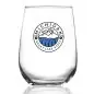 Stemless wine glass featuring Michigan Great Lake State emblem with mountains and trees in blue and black design.