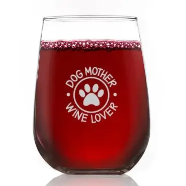 Stemless wine glass with red wine, featuring Dog Mother Wine Lover text and a paw print design.