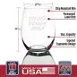 15oz stemless glass with etched design area, chip-resistant rim, ergonomic design, made in USA, dishwasher safe.