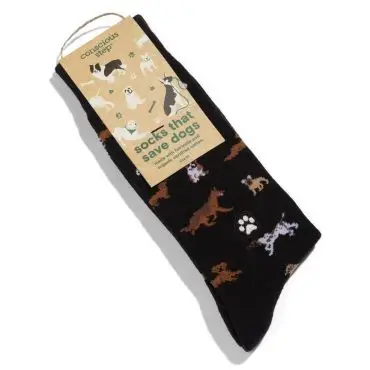 Black socks with dog pattern and tag Socks that save dogs, made with organic, fairtrade cotton.