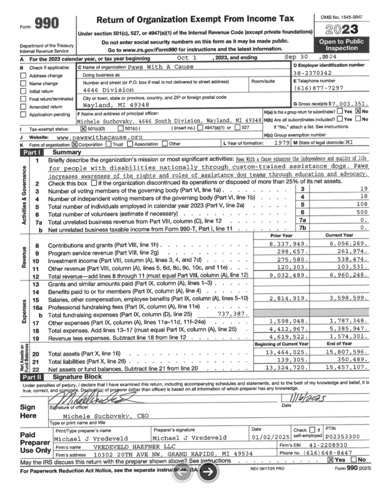 Form 990 for Paws With A Cause, detailing financials and activities for tax-exempt status in 2023.