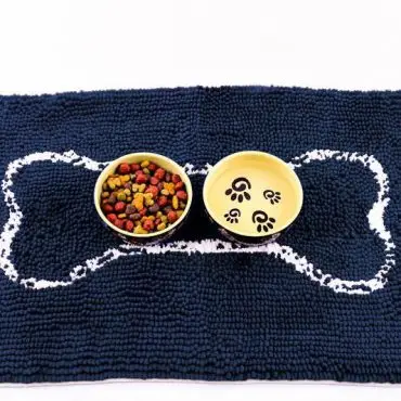 Dog food and water bowls on a paw-print mat with bone design.