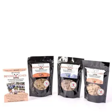 Beyond Bones dog treats in black packaging, crafted by individuals with disabilities, supporting a greater purpose.
