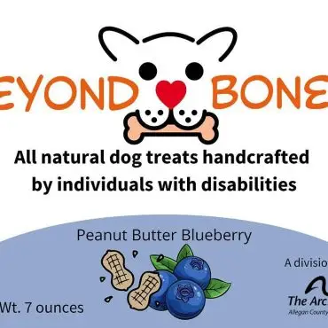 Beyond Bones all-natural dog treats, peanut butter blueberry flavor, crafted by individuals with disabilities, 7 oz.