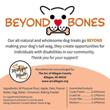 Beyond Bones dog treats promote inclusivity, supporting individuals with disabilities. Made in Michigan by Arc Allegan County.