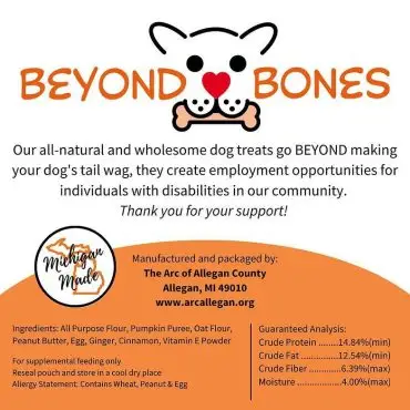 Beyond Bones dog treats support employment for individuals with disabilities, made by The Arc of Allegan County.