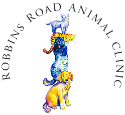 Stacked pets logo for Robbins Road Animal Clinic: cat, dog, rabbit, bird in watercolor style.