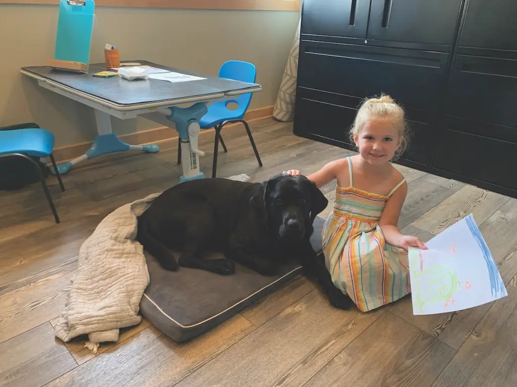 Little girl with colorful drawing sitting next to friendly black dog on cushion in cozy room.