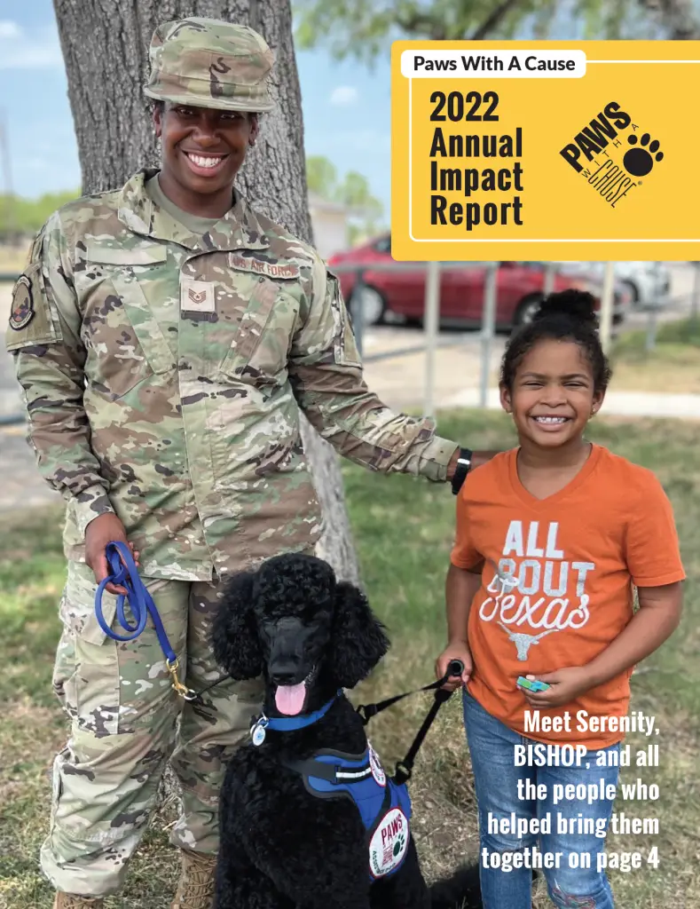 Smiling soldier and child with service dog promote Paws With A Cause 2022 Annual Impact Report.