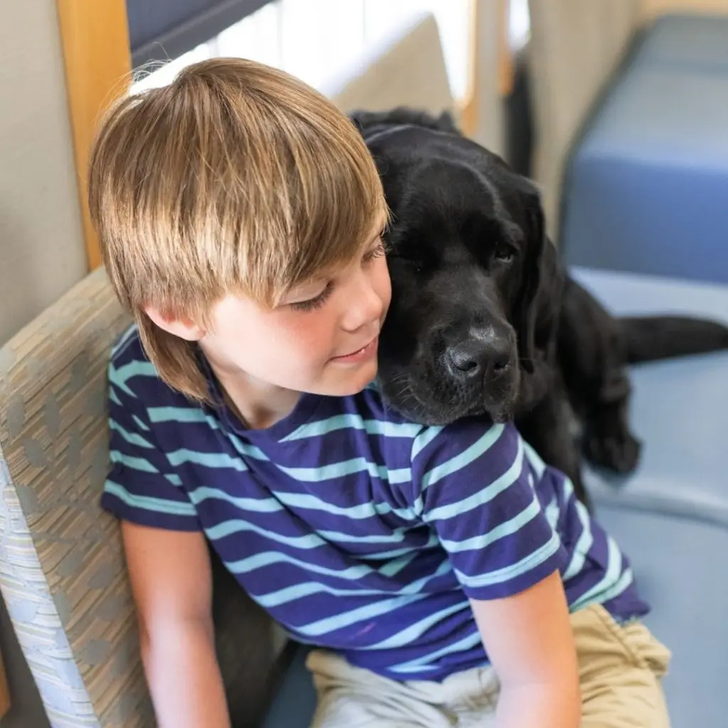 A boy in a striped shirt smiles with a black Labrador resting its head on his shoulder.