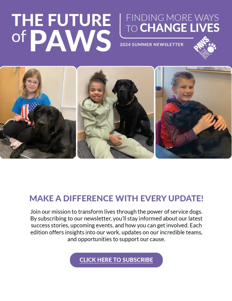 Children with service dogs featured in 2024 PAWS newsletter: The Future of PAWS promoting life-changing missions.