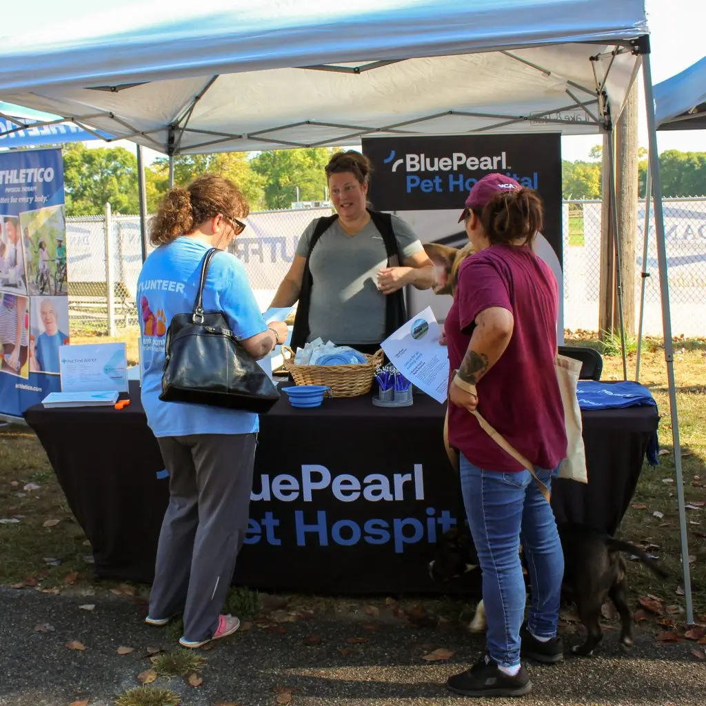 People gather at BluePearl Pet Hospital booth at an outdoor event, engaging and distributing information under a canopy.
