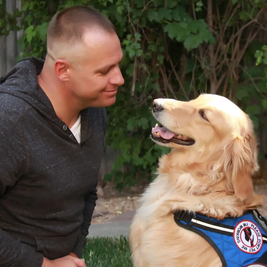 Man smiling at a golden retriever service dog with vest in a garden setting.