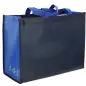 Blue and black reusable shopping bag with recycling symbols and sturdy handles. Eco-friendly tote for groceries.