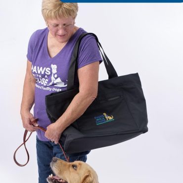 Volunteer holding a service dog on a leash, wearing a purple Paws With a Cause shirt and black bag.