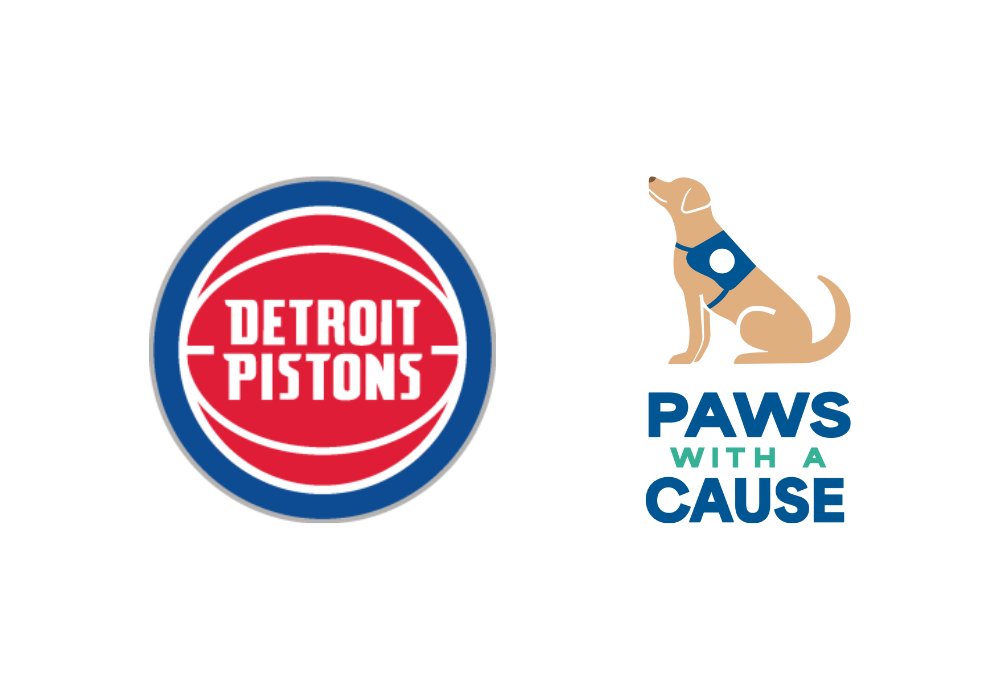 Detroit Pistons logo next to Paws With A Cause logo featuring a seated dog with a blue vest.