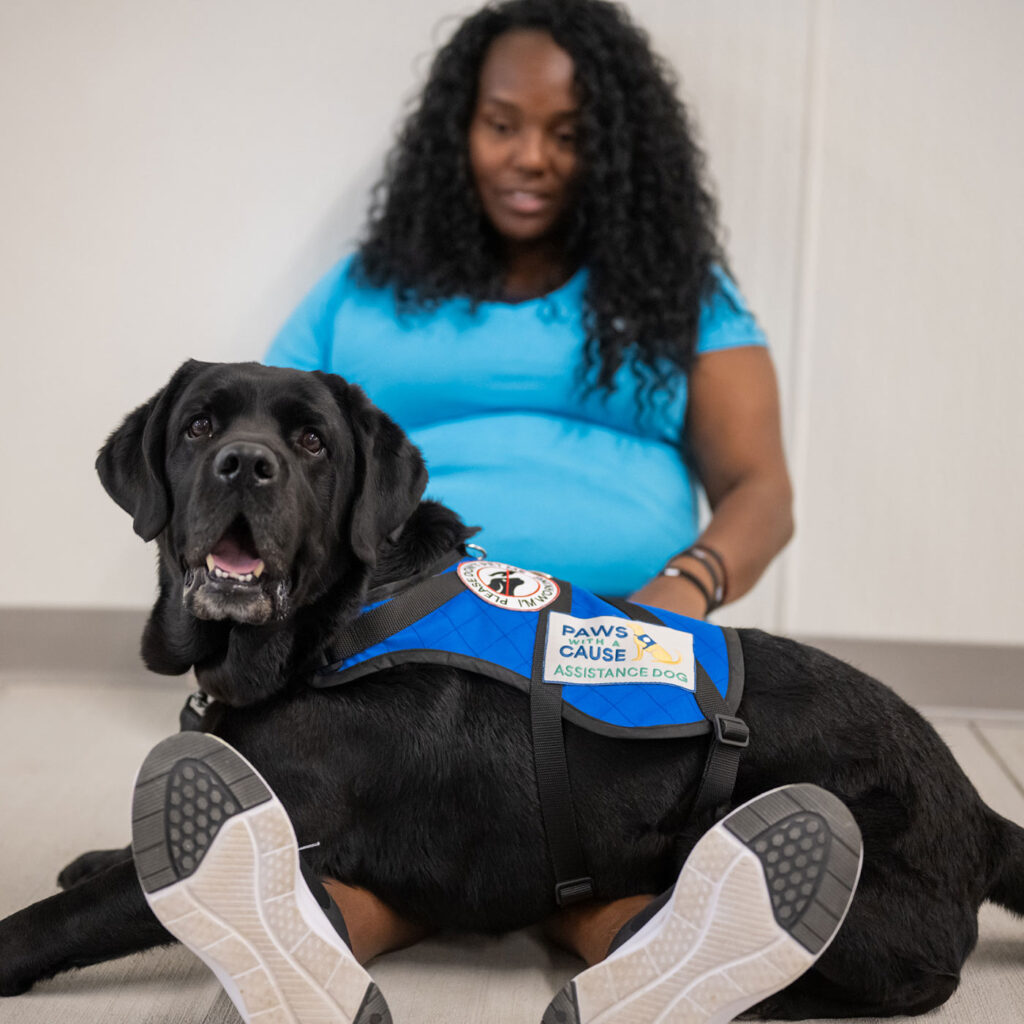 Assistance dog in blue vest with owner, providing support on the floor.