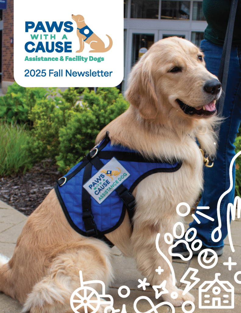 Golden retriever assistance dog with a blue vest. Paws With A Cause 2025 Fall Newsletter cover.