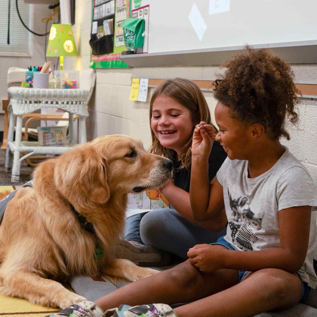 Kids enjoying playtime with a Golden Retriever therapy dog in a classroom setting.