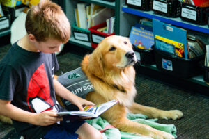 Child reading with a golden retriever therapy dog in a library, promoting literacy and companionship.