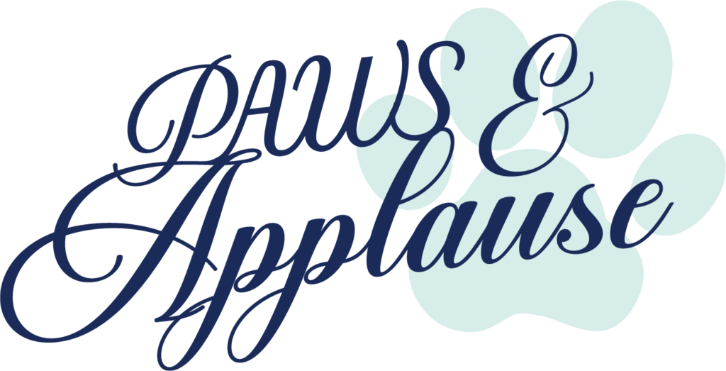 Paws & Applause logo with elegant lettering and a light green paw print background.