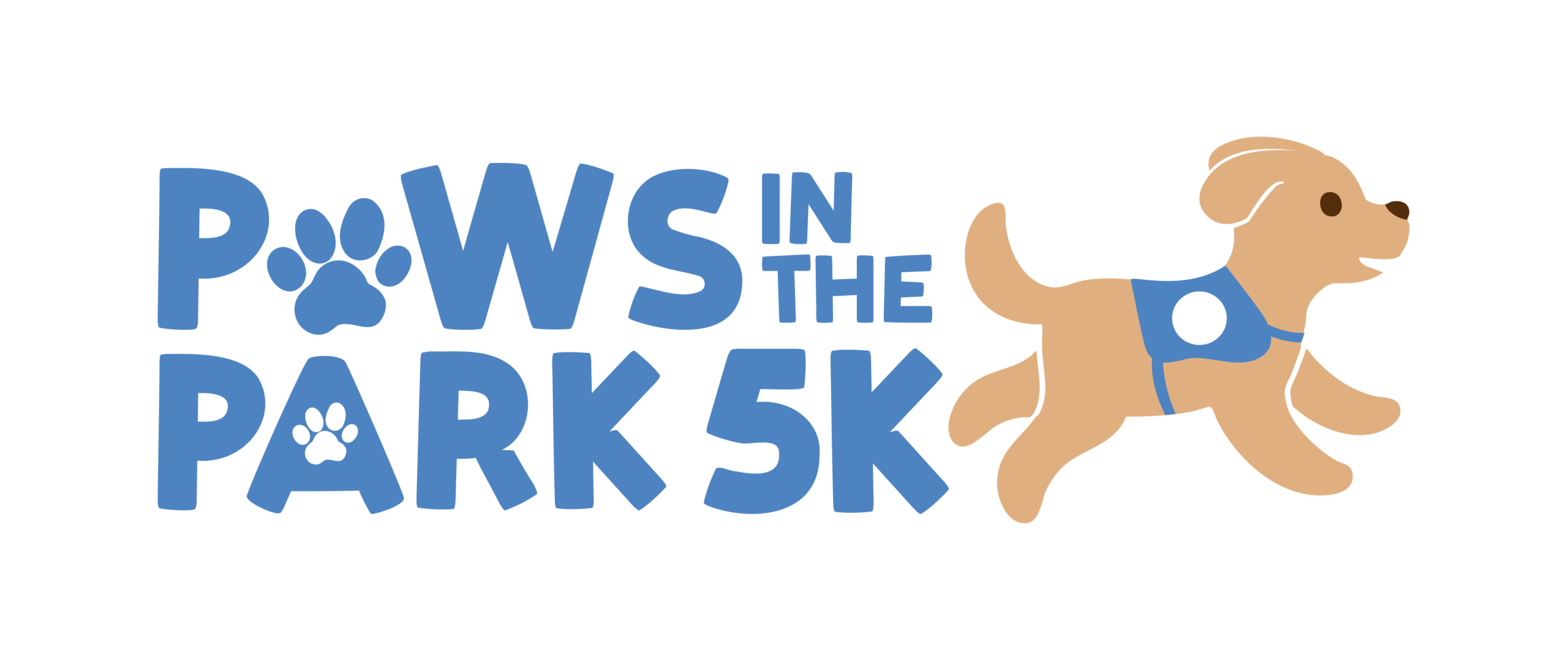 Paws in the Park 5K logo with a happy running dog in a blue harness, paw prints incorporated in the text.