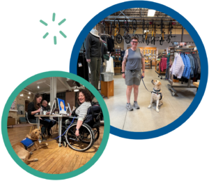 Woman with service dog in store, and person in wheelchair painting with service dog nearby indoors.